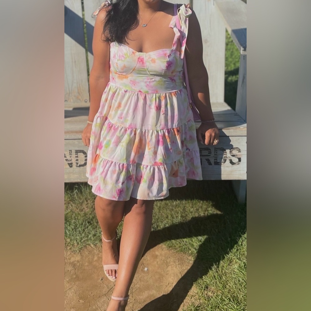 SHEIN Pink Watercolor Tiered Mini Dress